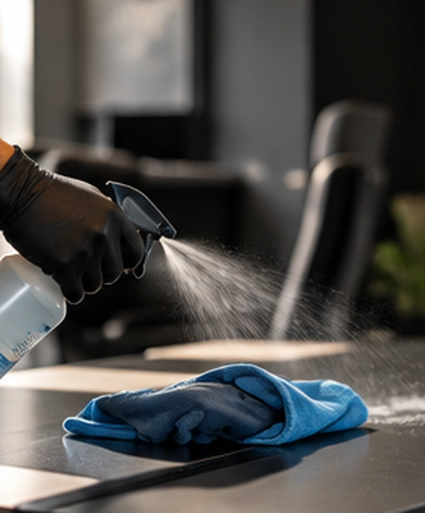 Detail van reiniging met spray en microvezeldoek (AI-visualisatie)